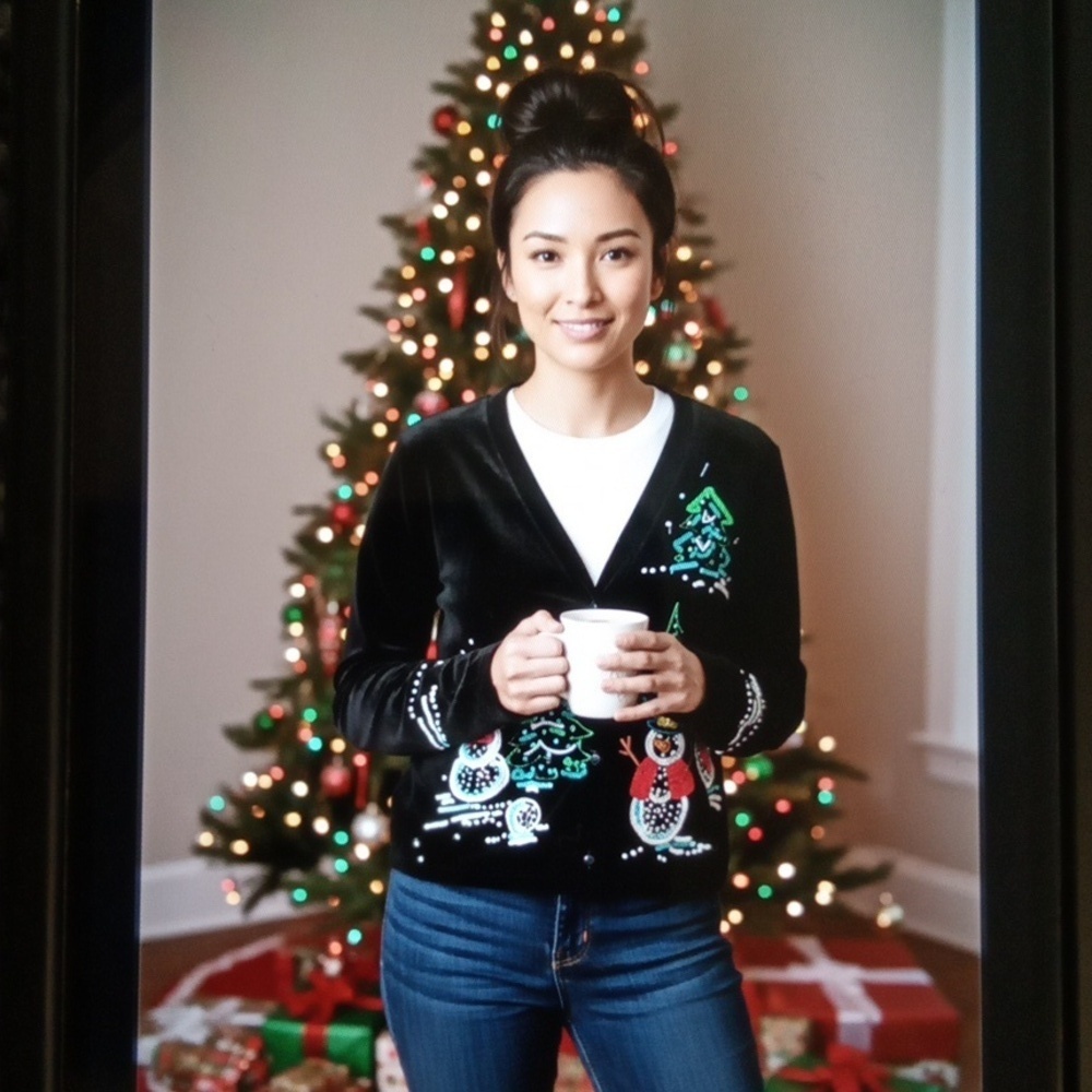 Micheal Simon Event Snowman Chridtmas Sweater Velvet Button Down Small